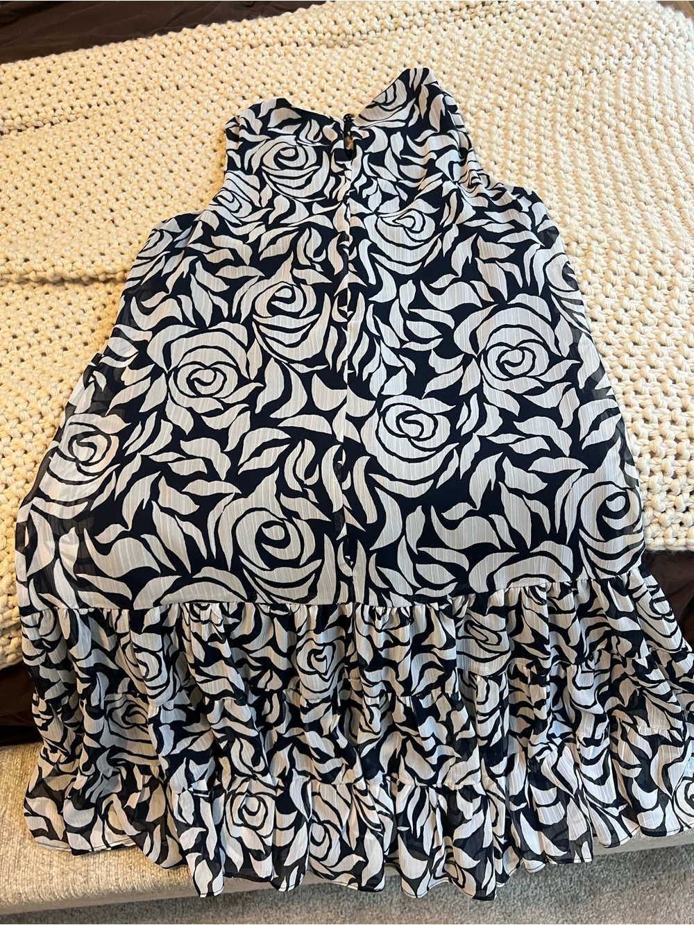 MSK Navy and White Floral A-Line Ruffle Hem Skirt